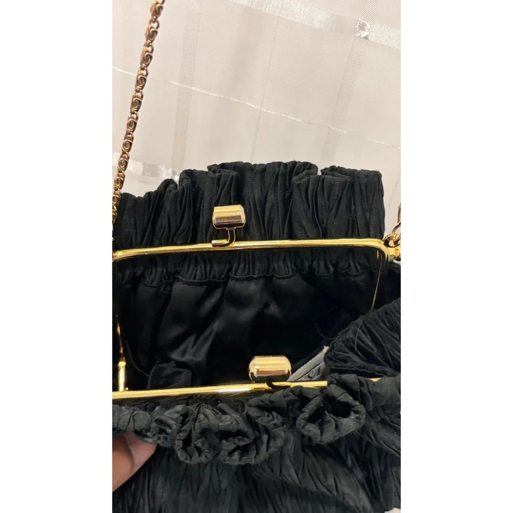 Vintage Vanessa Paris Black Pleated Evening Bag Gold Chain Kiss Lock Pouch Purse